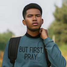 Load image into Gallery viewer, &quot;But First, Pray&quot; Men&#39;s Long Sleeve Shirt (Black Letters)