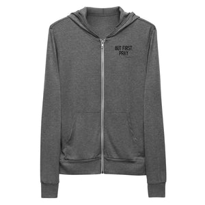 "But First, Pray" Men's Lightweight Zip Hoodie (Black Letters)